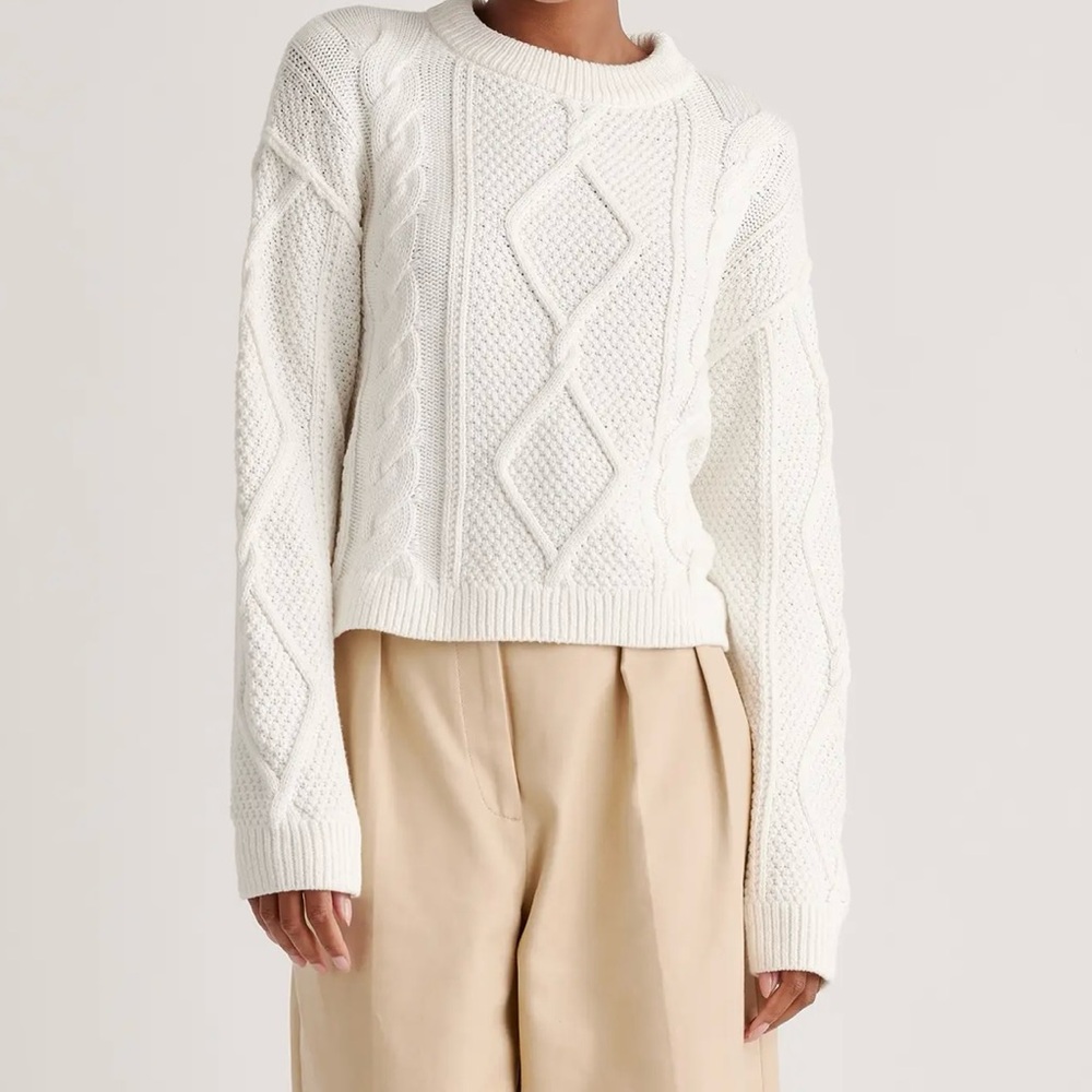 Quince 100% Organic Cotton Cropped Cable Crew Sweater / Ivory / XS